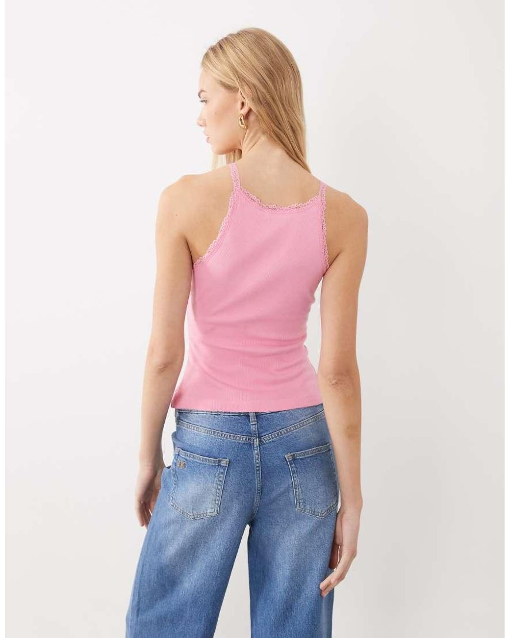 Miss Selfridge Pink Rib Tank With Lace Insert