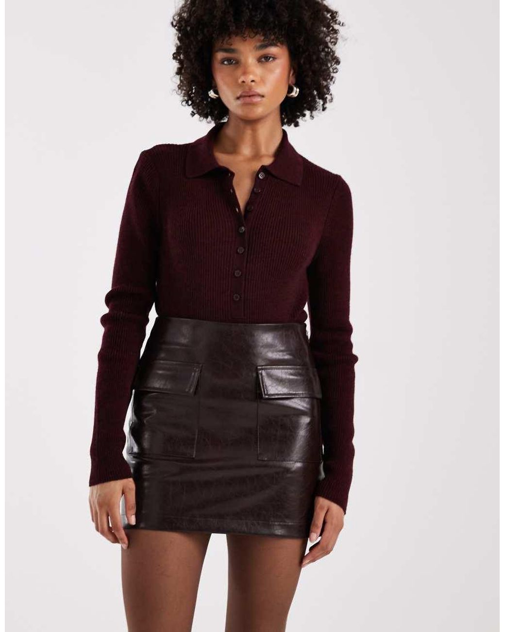 New Look Brown Cracked Faux Leather Mini Skirt
