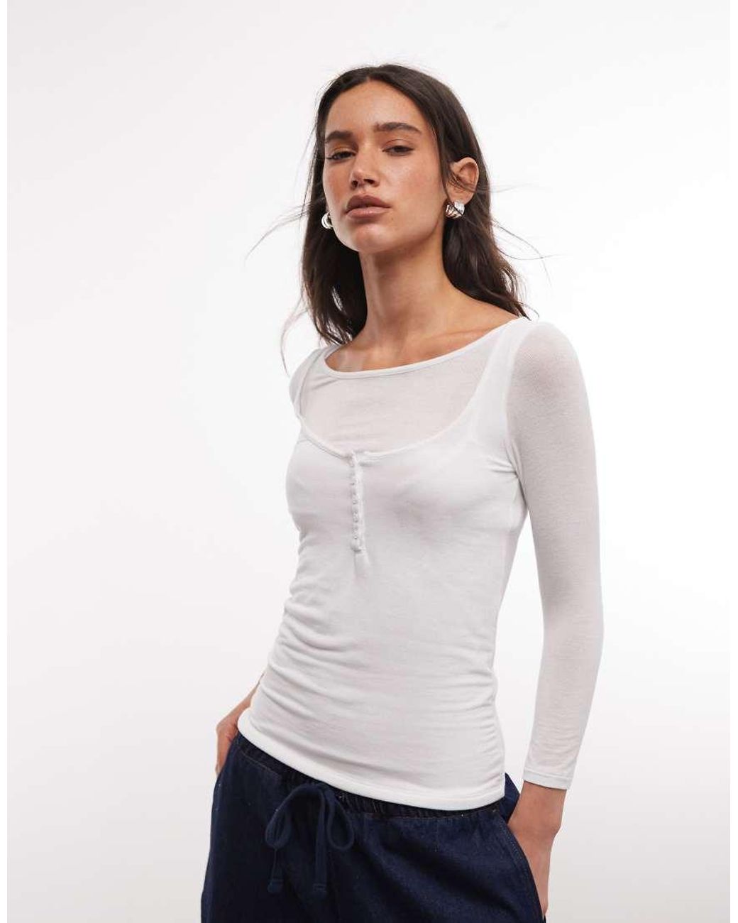 Weekday White Three Quarter Length Sleeve Henley Top With Layered Effect