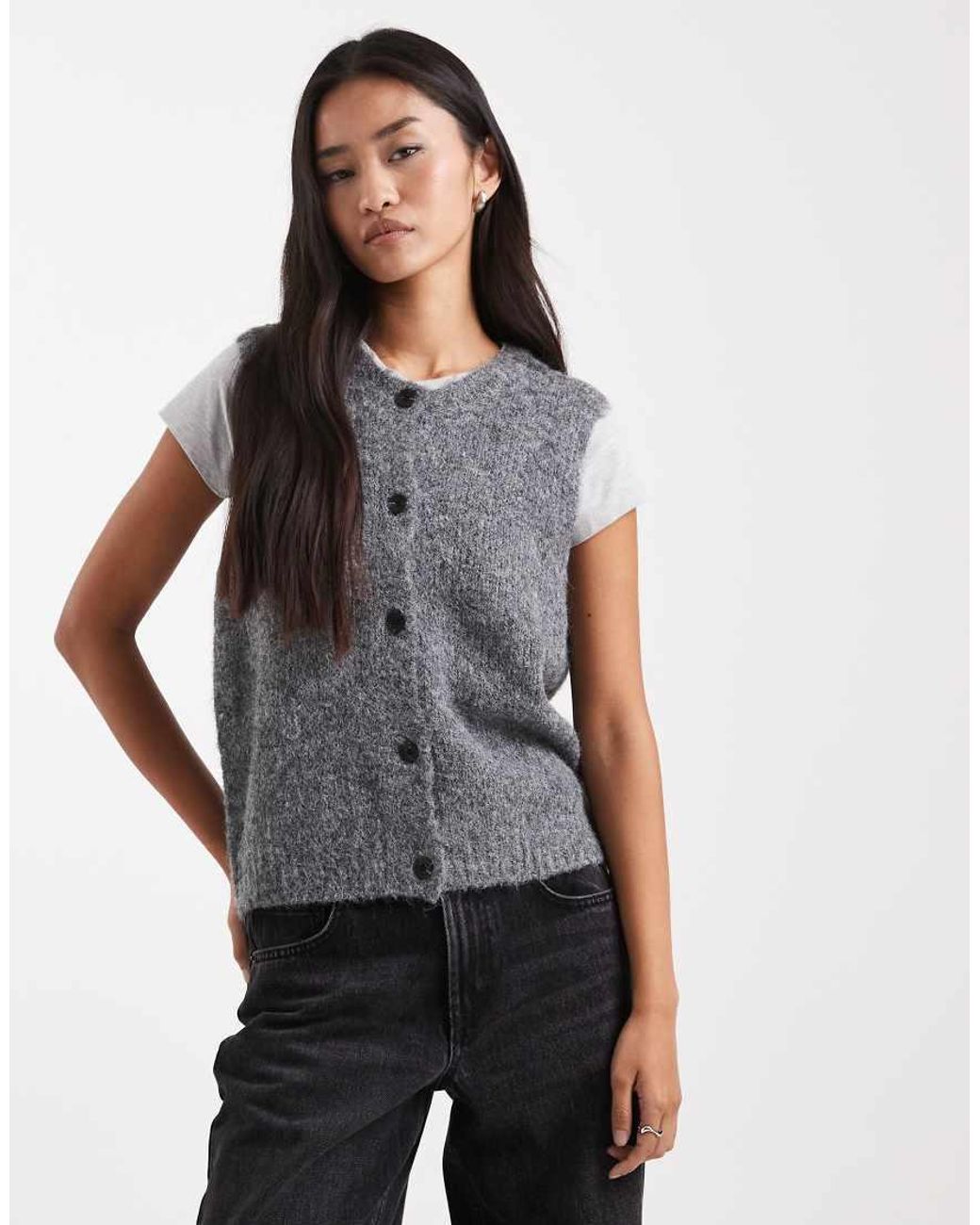 Vero Moda Gray Soft Fluffy Knit Rib Button Front Vest
