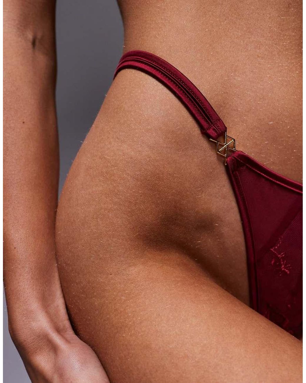 ASOS Brown Birdie Lace & Mesh Tanga Thong With Satin Binding And Hardware Details