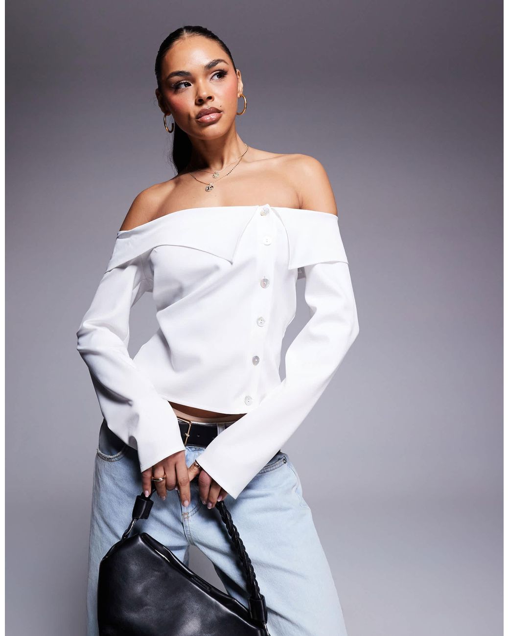 ASOS Off Shoulder Button Through Top in Blue | Lyst