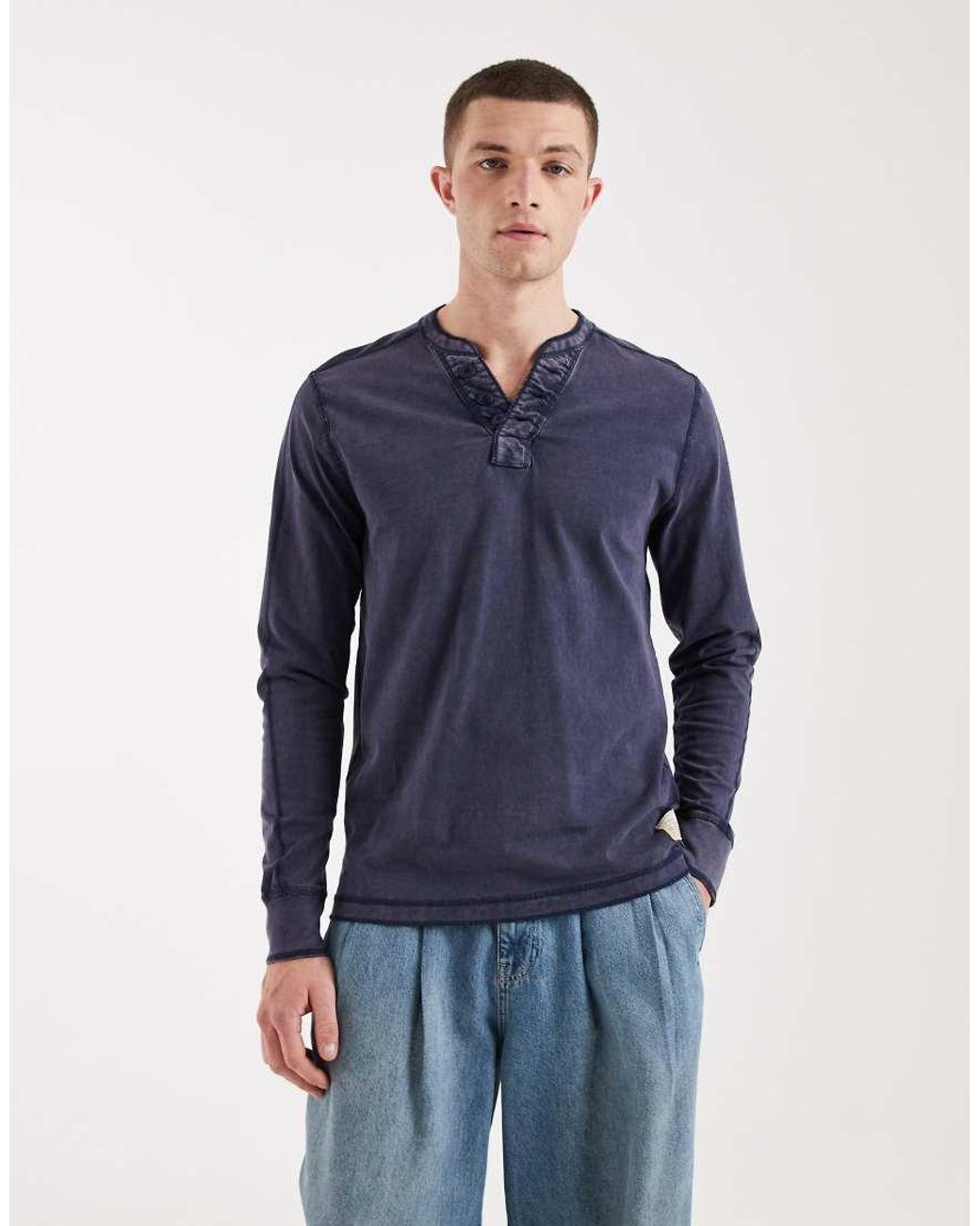 Hollister Blue Long Sleeve Henley Top for men