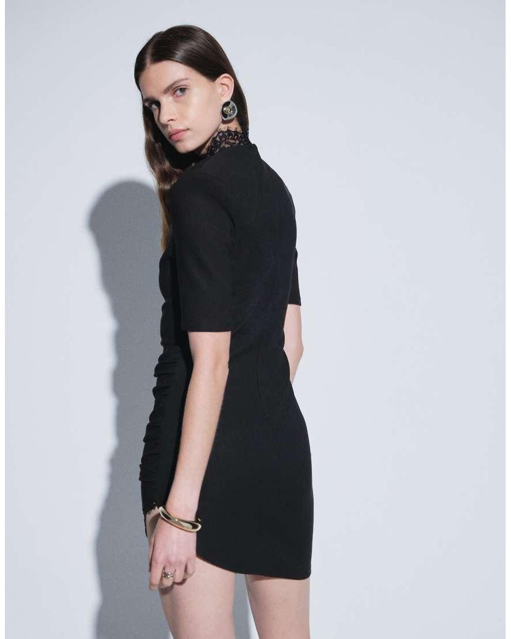 Noughts & Kisses Black Amaya Lace Trim Keyhole Detail Shoulder Pad Asymmetric Hem Mini Dress