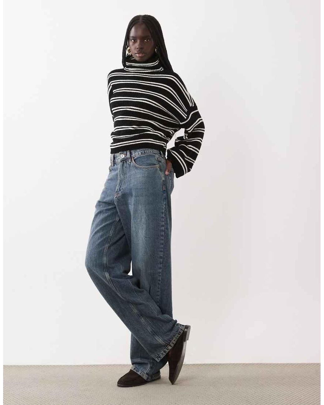 ASOS Black Funnel Neck Batwing Stripe Chenille Jumper