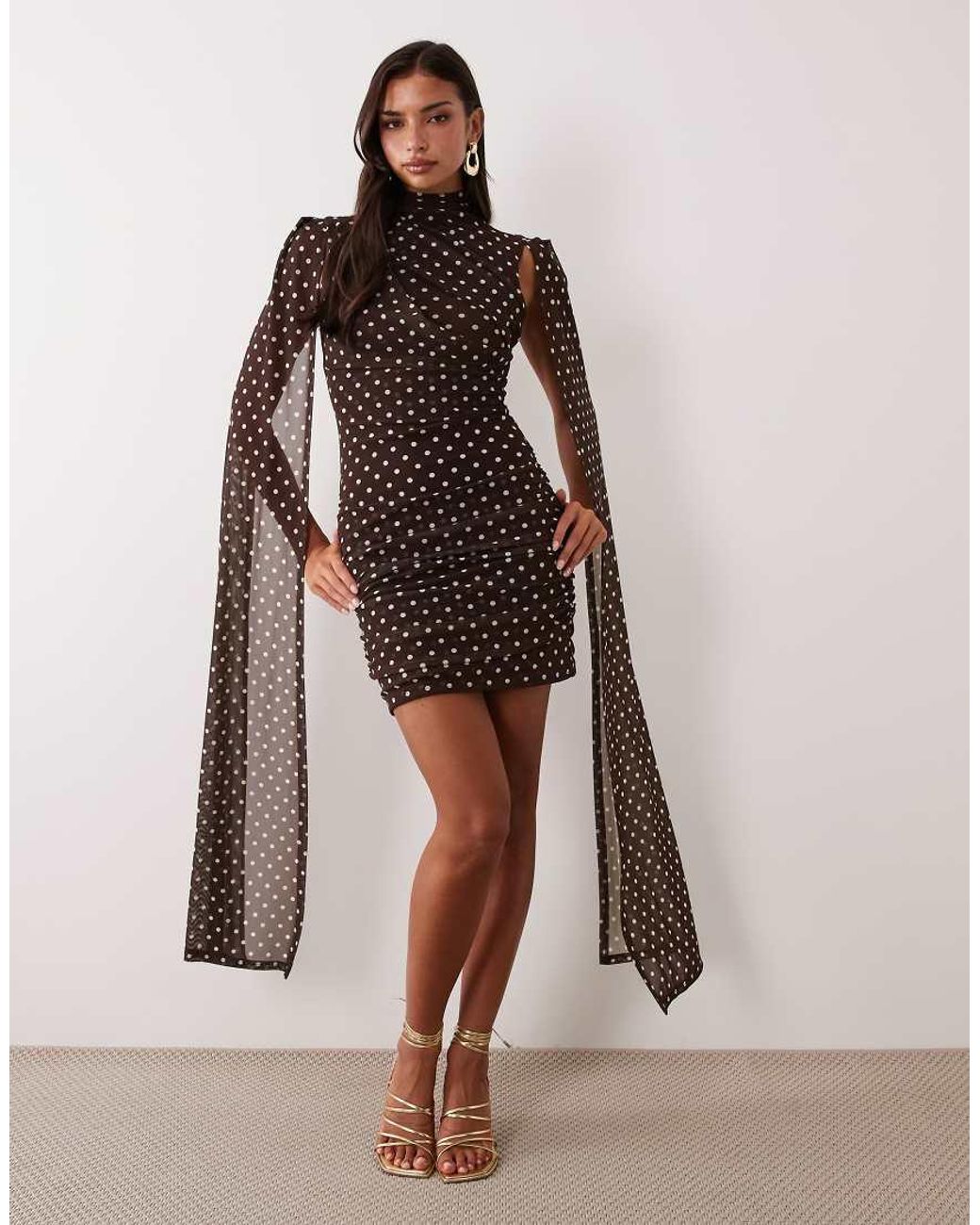 Ruched & Ready Brown Mesh High Neck Cape Detail Mini Dress