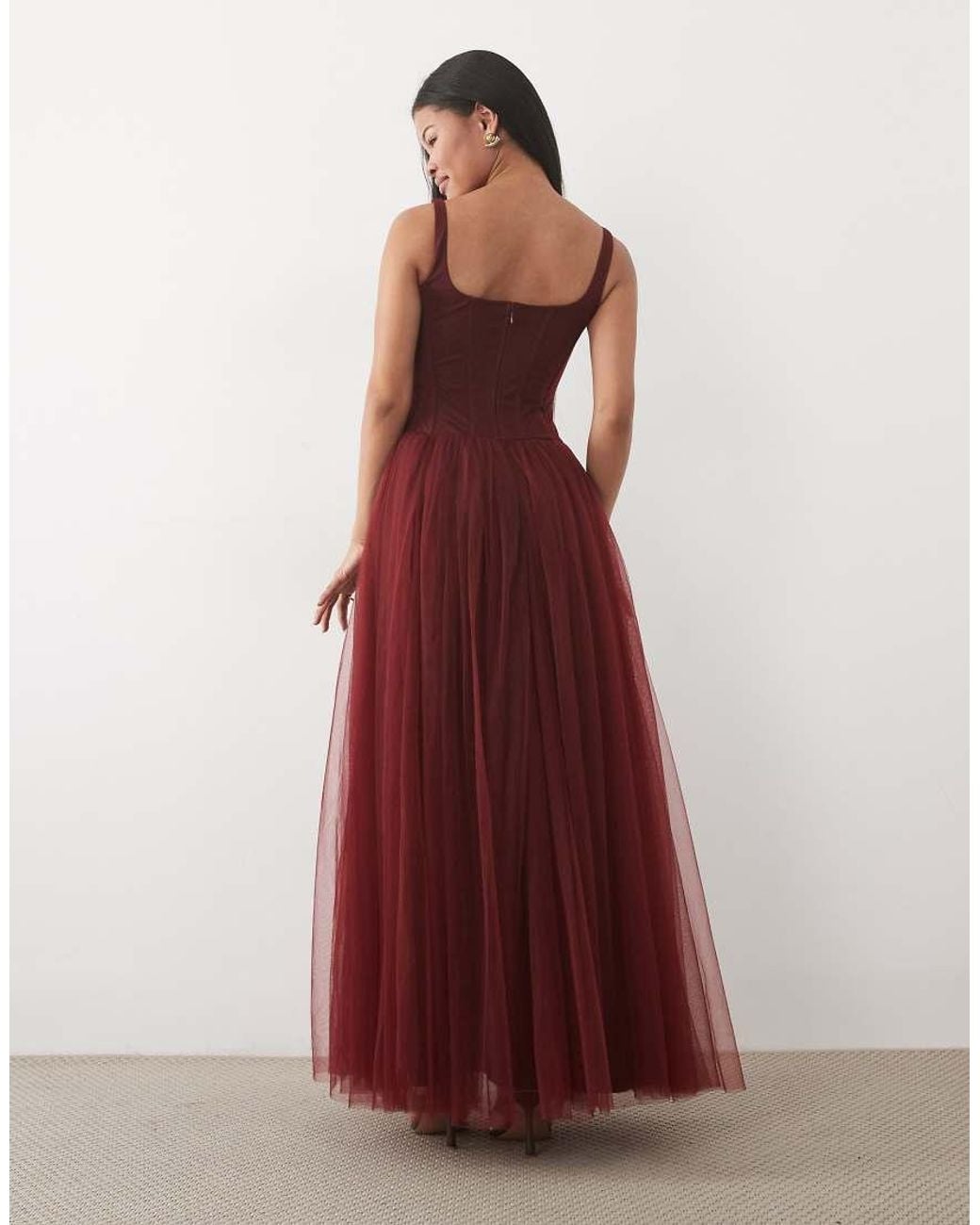 LACE & BEADS Red Tulle Drop Hem Corset Maxi Gown