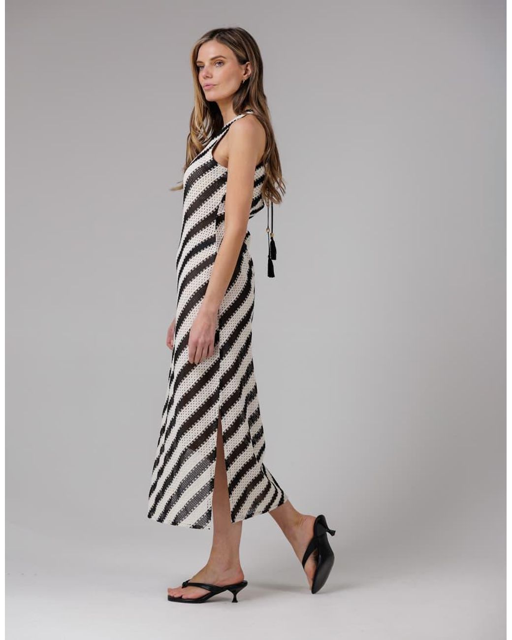 French Connection Gray Beach Cotton Blend Stripe Crochet Scoop Neck Tie Back Midi Dress