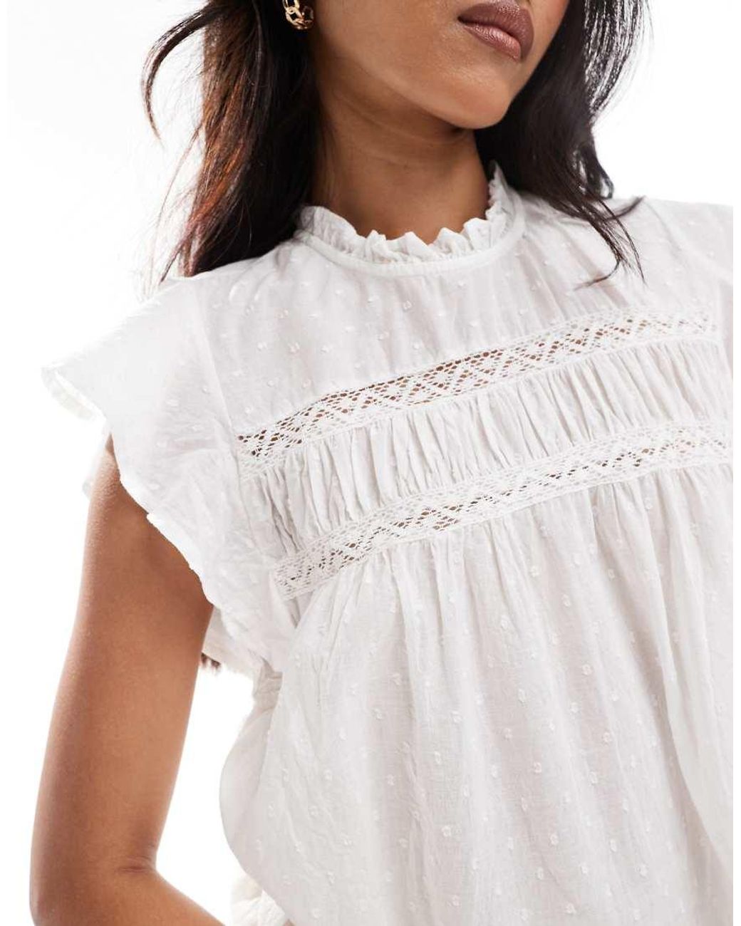 ONLY White Dobby Detail Frill Sleeve Top