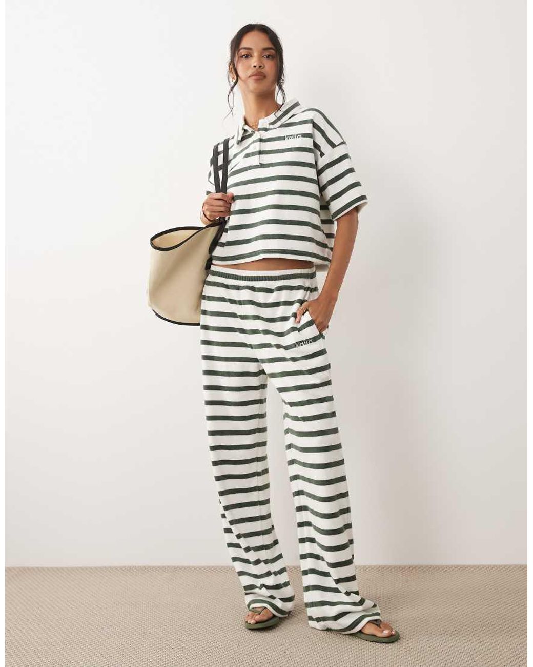 Kaiia White Exclusive Cotton Rich Embroidered Logo Wide Leg Towelling joggers Co-ord