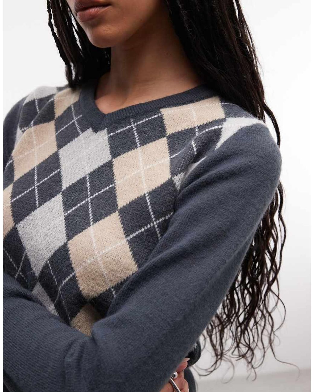 Daisy Street Blue V Neck Thin Knit Argyle Top