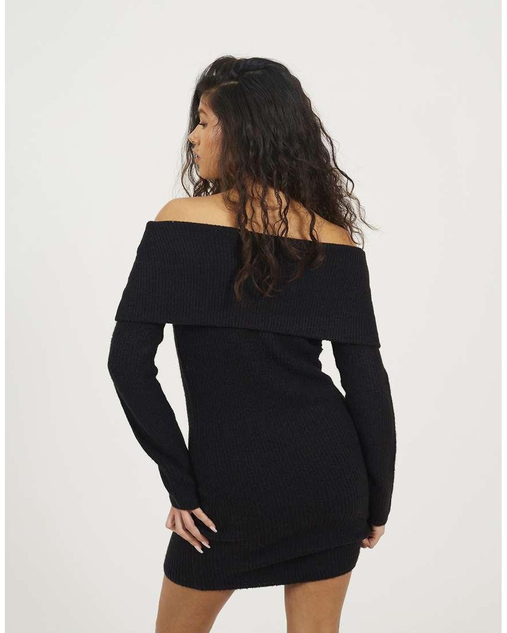 Brave Soul Black Bardot Ribbed Knit Mini Dress