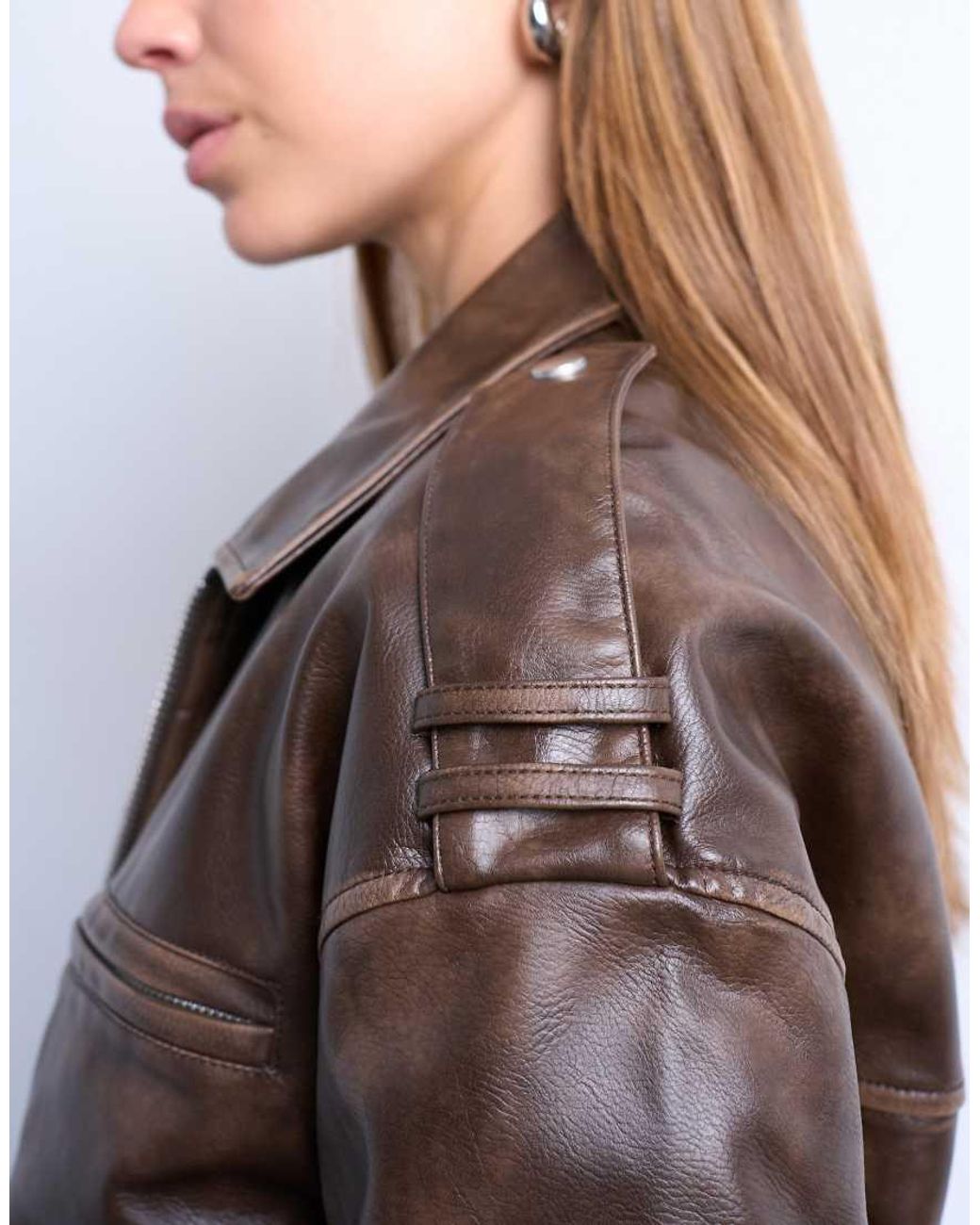 TOPSHOP Gray Faux Leather Ovoid Sleeve Bomber Jacket