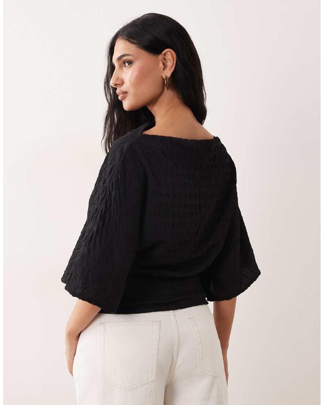 ASOS Black Fallen Shoulder With Cinched Waist Textured Top