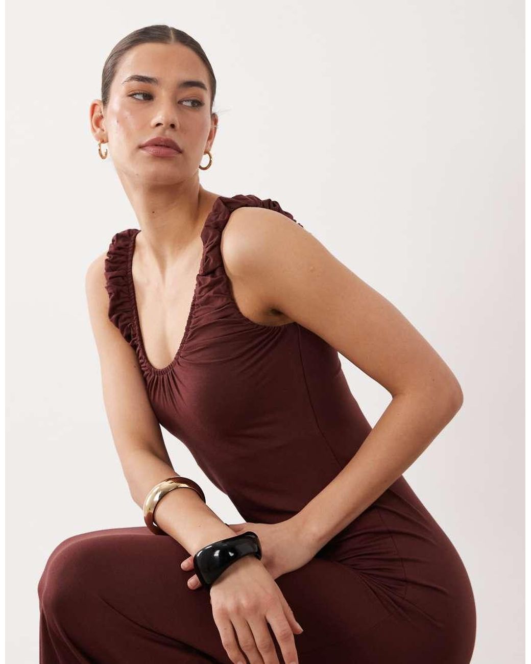 ASOS Brown Ruched Scoop Neck Midaxi Dress
