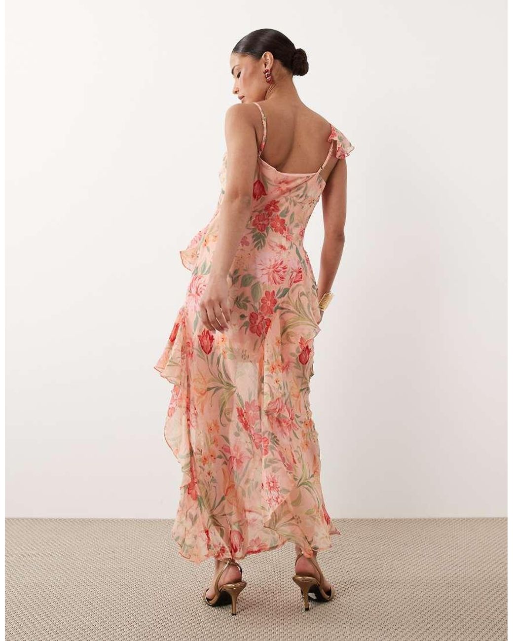 New Look Pink Floral Asymmetric Chiffon Midi Dress