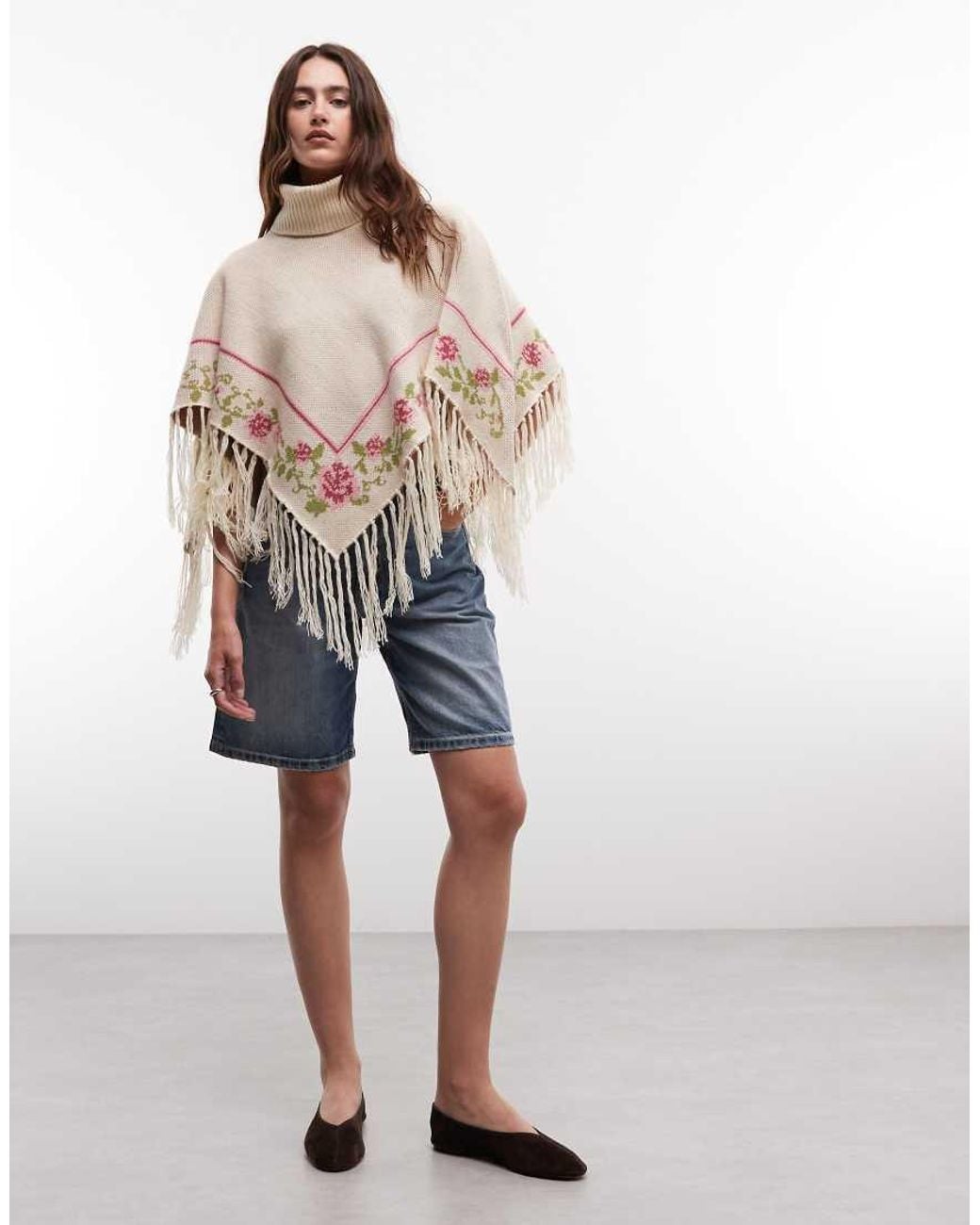 Daisy Street Multicolor Boho Poncho With Flower Graphic
