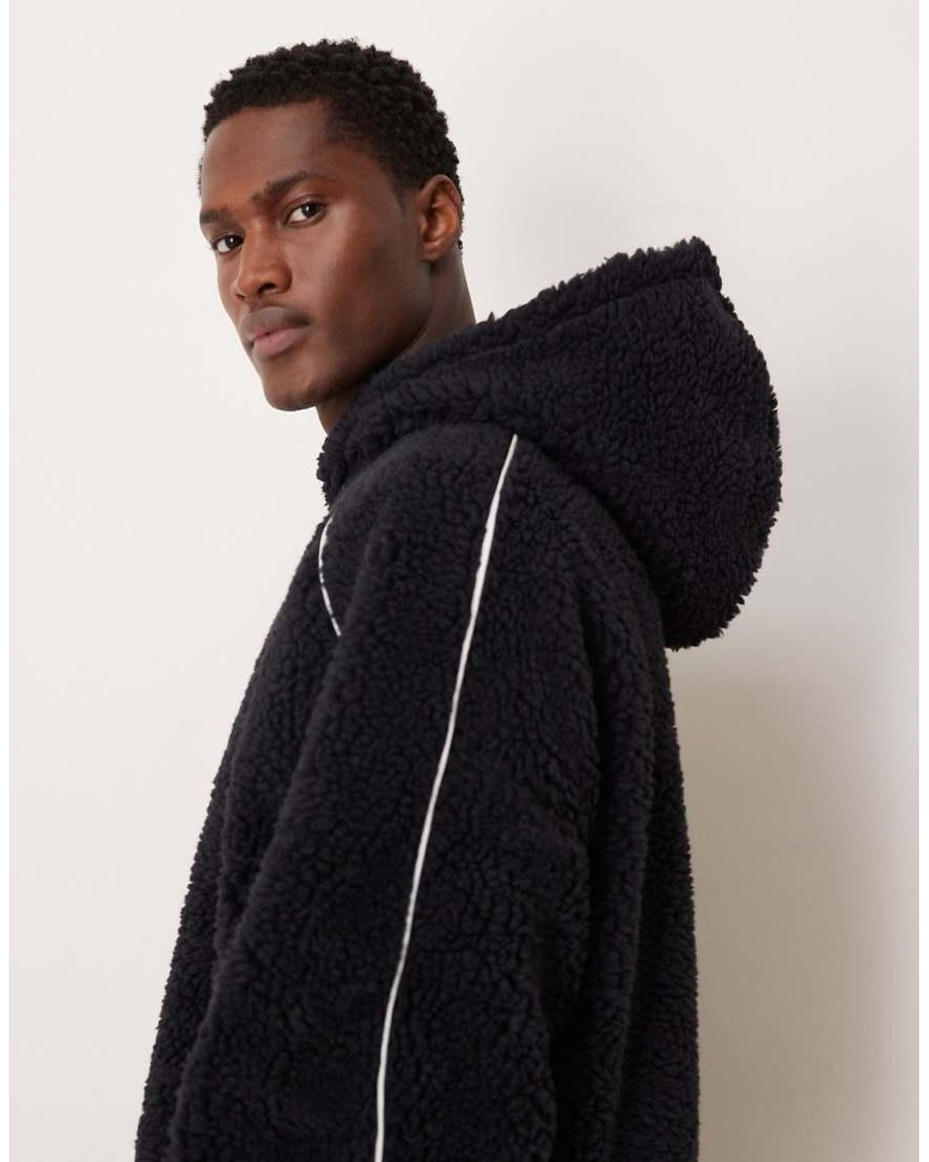 ASOS Black Extreme Oversized Borg Hoodie With Piping for men