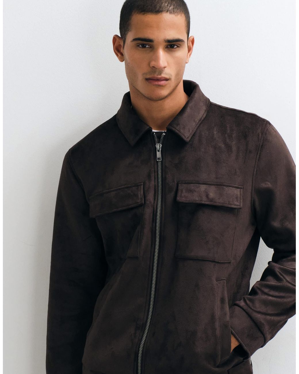 Threadbare Black Faux Suede Collared Jacket for men