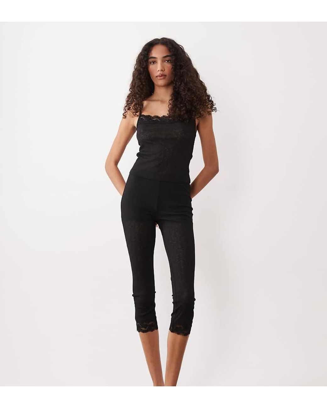 ASOS Black Asos Design Tall Semi Sheer Capri Pyjama Trouser With Lace Trim