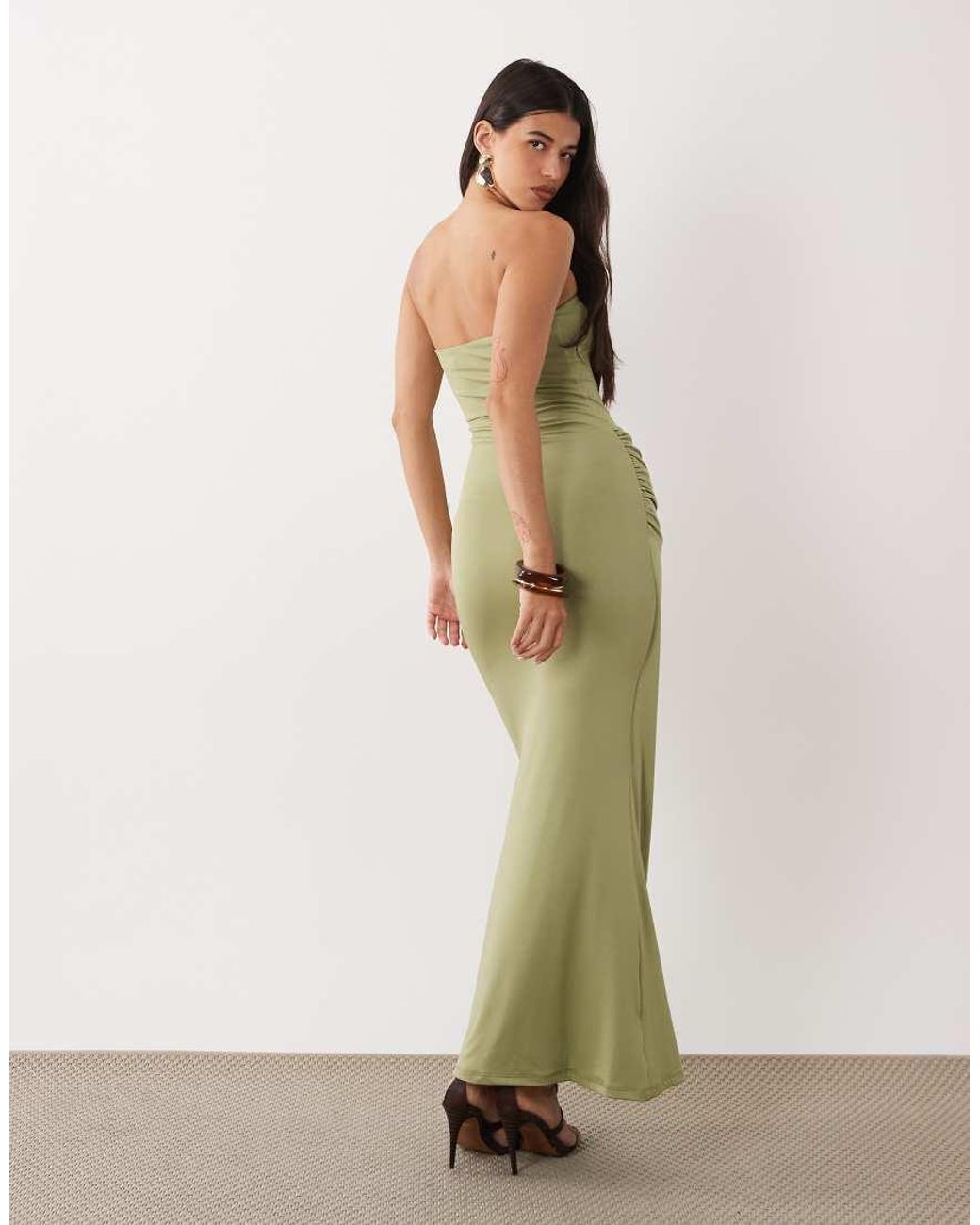 Aria Cove Green Double Layered Slinky Bandeau Drape Detail Maxi Dress