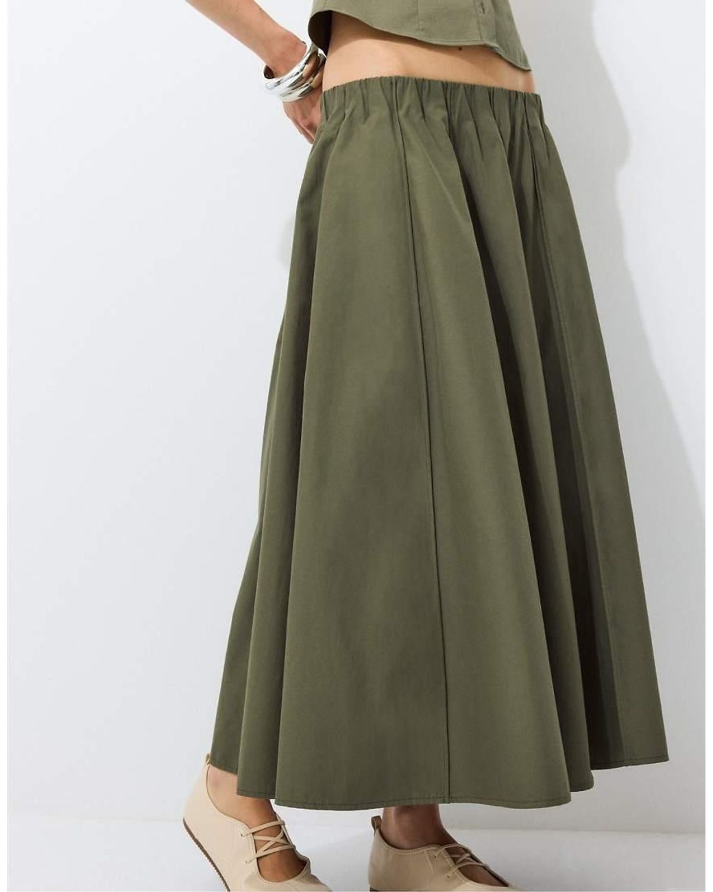 Stradivarius Green Poplin Seamed A-line Skirt
