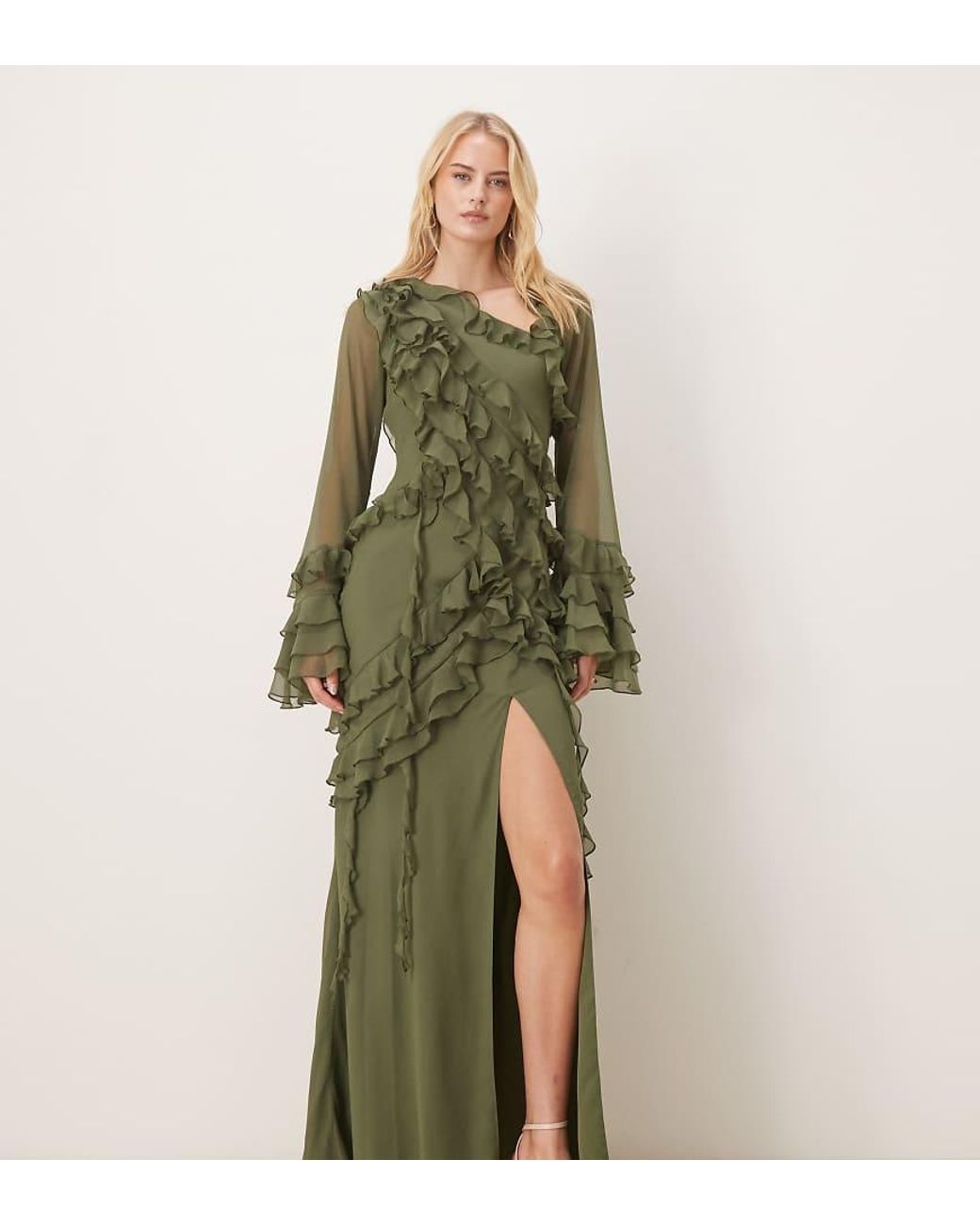 ASOS Green Asos Design Tall Chiffon Long Sleeve Asymmetric Tiered Soft Ruffle Maxi Dress