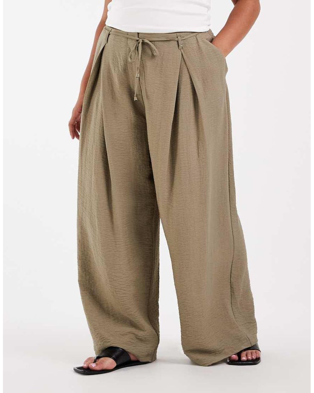ASOS Natural Asos Design Curve Textured Wide Leg Trousers With Tie Waist