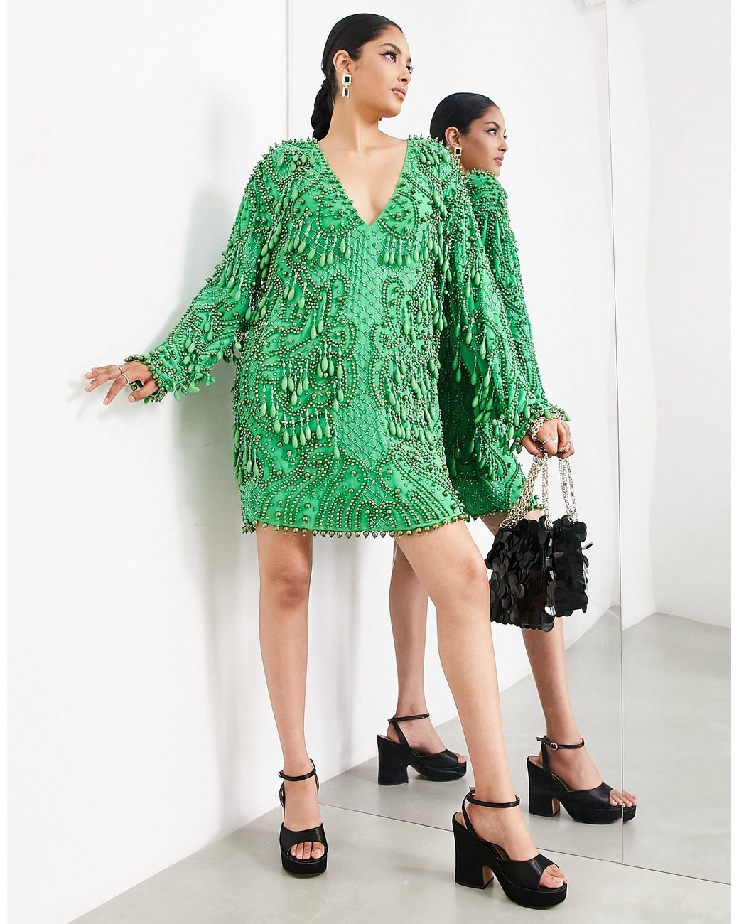 ASOS V Neck Embellished Mini Shift Dress With Teardrop Beads in Green | Lyst UK ASOS V Neck Embellished Mini Shift Dress With Teardrop Beads in Green | Lyst UK