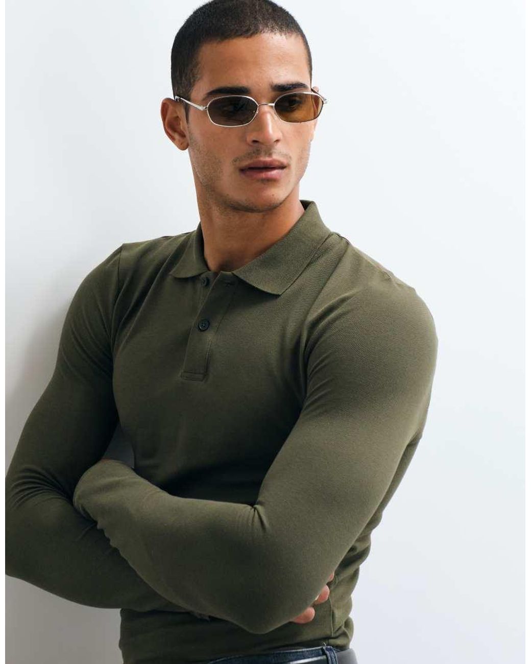 ASOS Green Essentials Long Sleeve Muscle Fit Polo for men