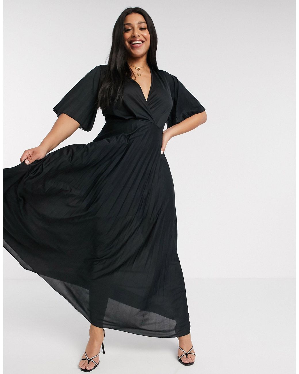 asos design curve kimono pleated maxi skater dress