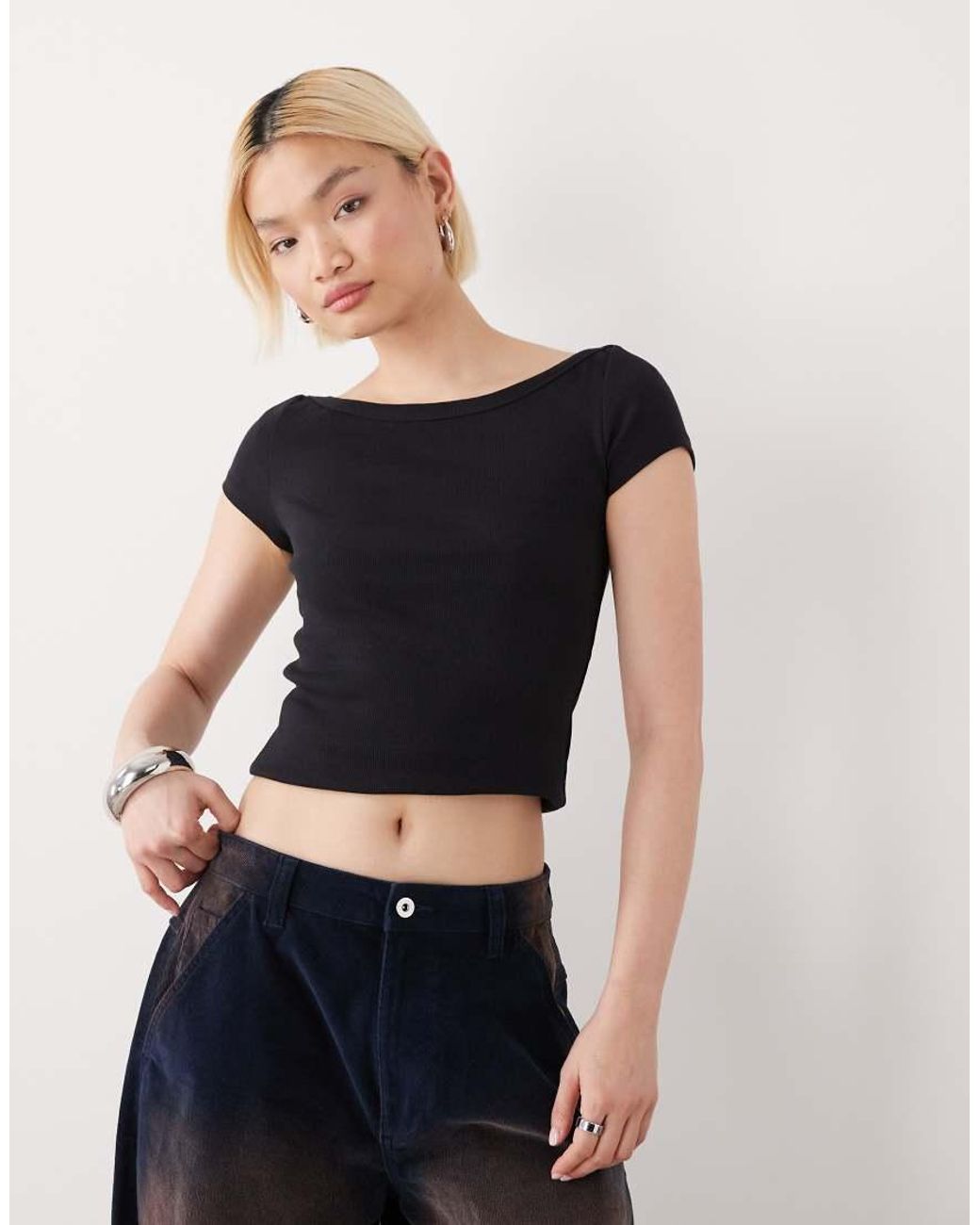 Noisy May Blue Ribbed Boat Neck T-shirt