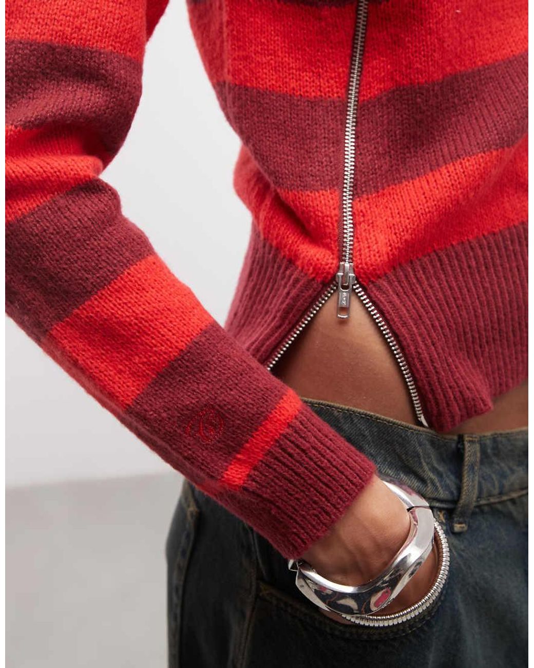Collusion Red Asymmetric Zip Through Knitted Jumper