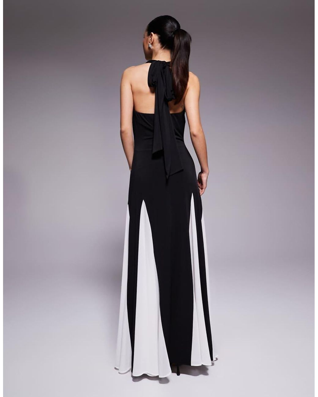 TFNC London Black Halter Neck Chiffon Contrast Godet Maxi Dress
