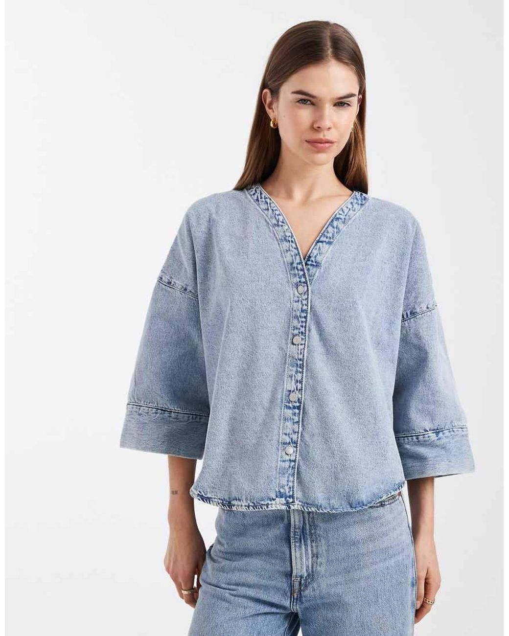 Vero Moda Blue Half Sleeve Oversized Fit Denim Top