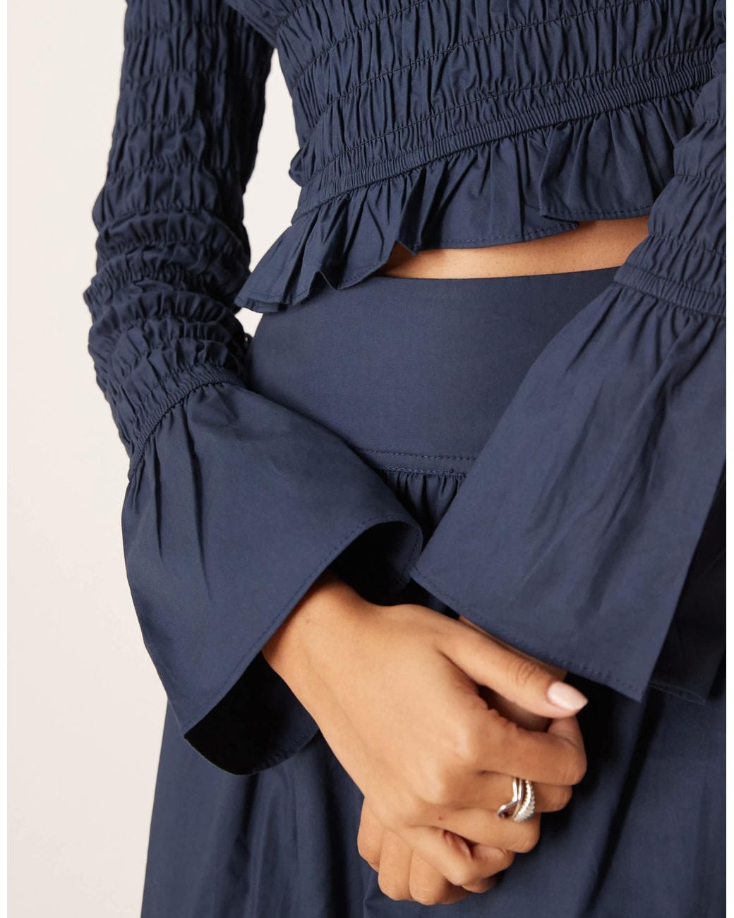 Glamorous Blue Long Sleeve Shirred Top