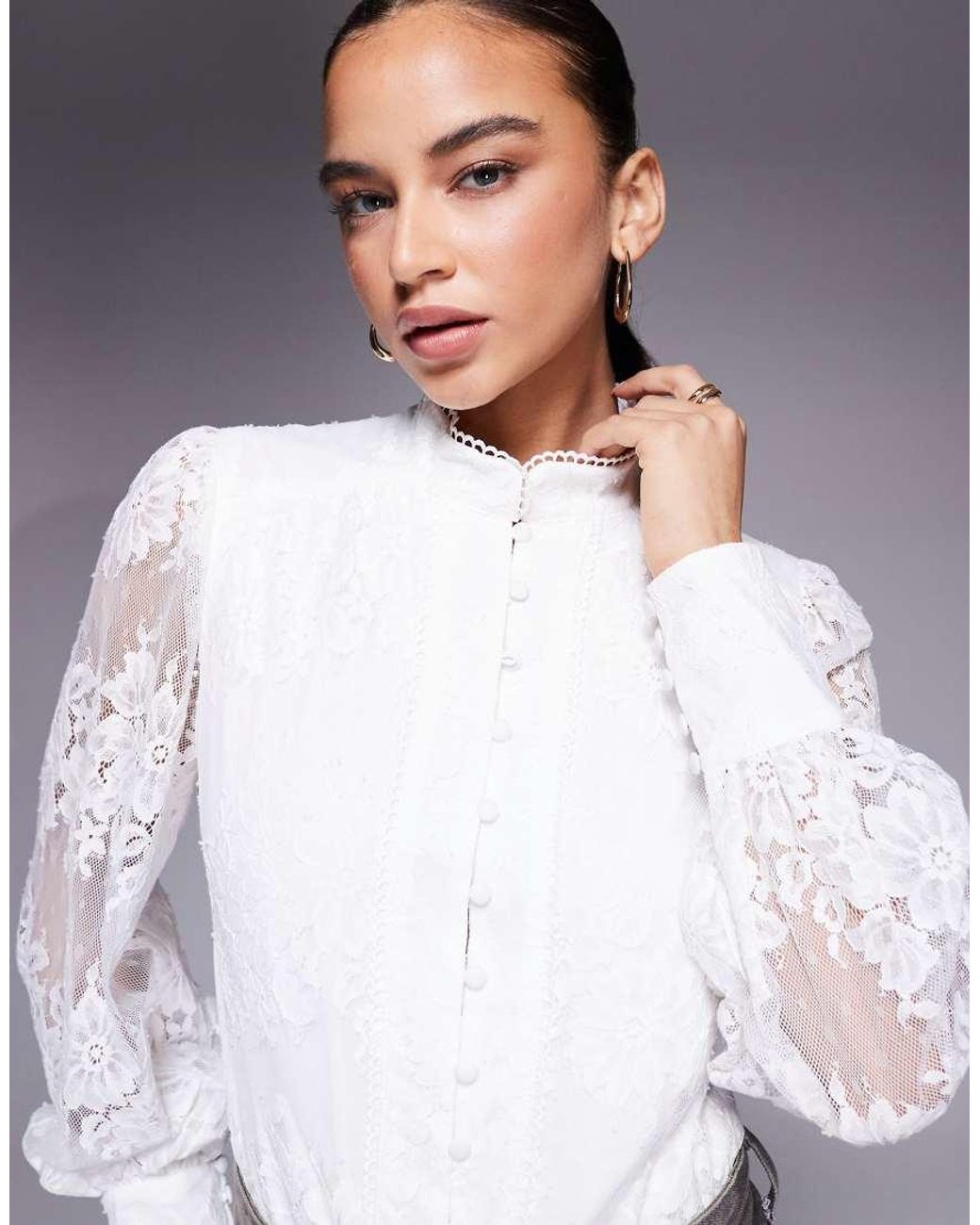 Bardot Gray Olessia Cotton Lace High Neck Balloon Sleeve Shirt