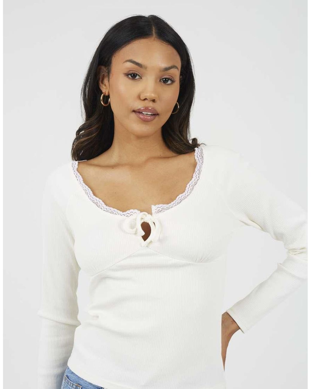 Brave Soul White Ribbed Long Sleeve Top With Lace Trim