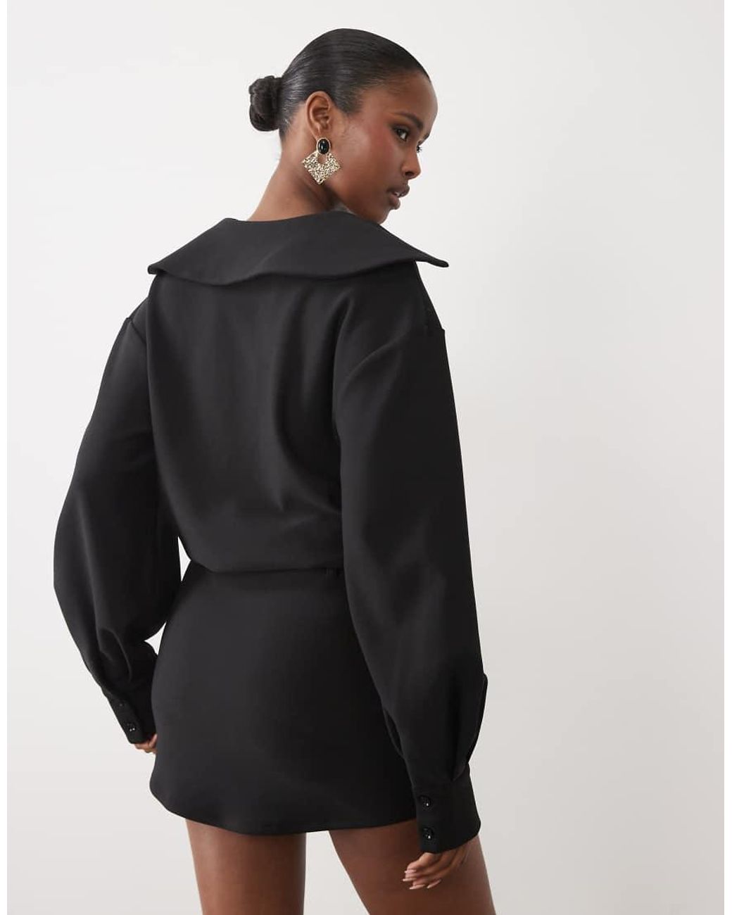 Noughts & Kisses Black Plunge Neck Collared Balloon Sleeve Gold-tone Belted Mini Dress