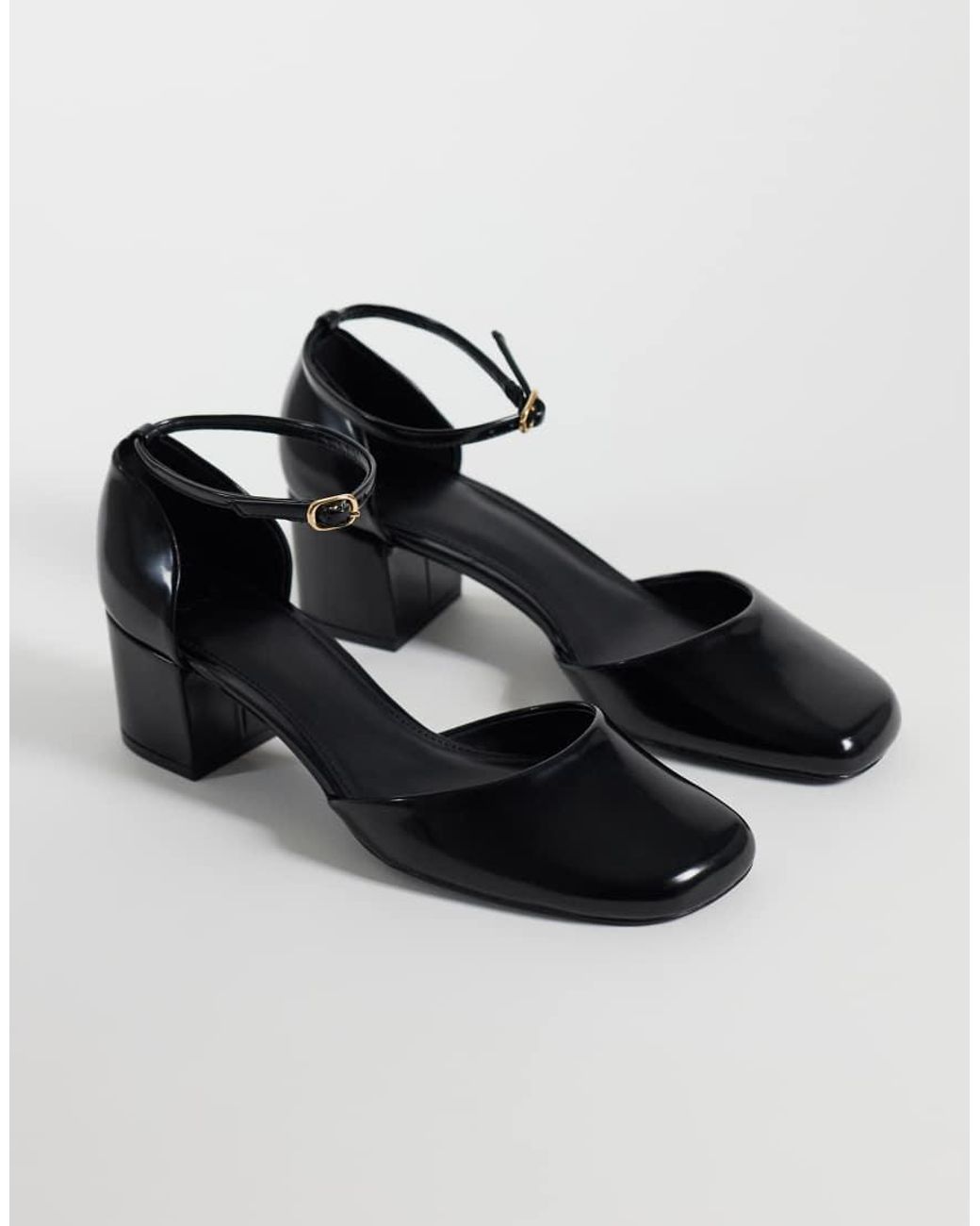 Mango Black Patent Leather Effect Round Toe Block Heeled Shoe