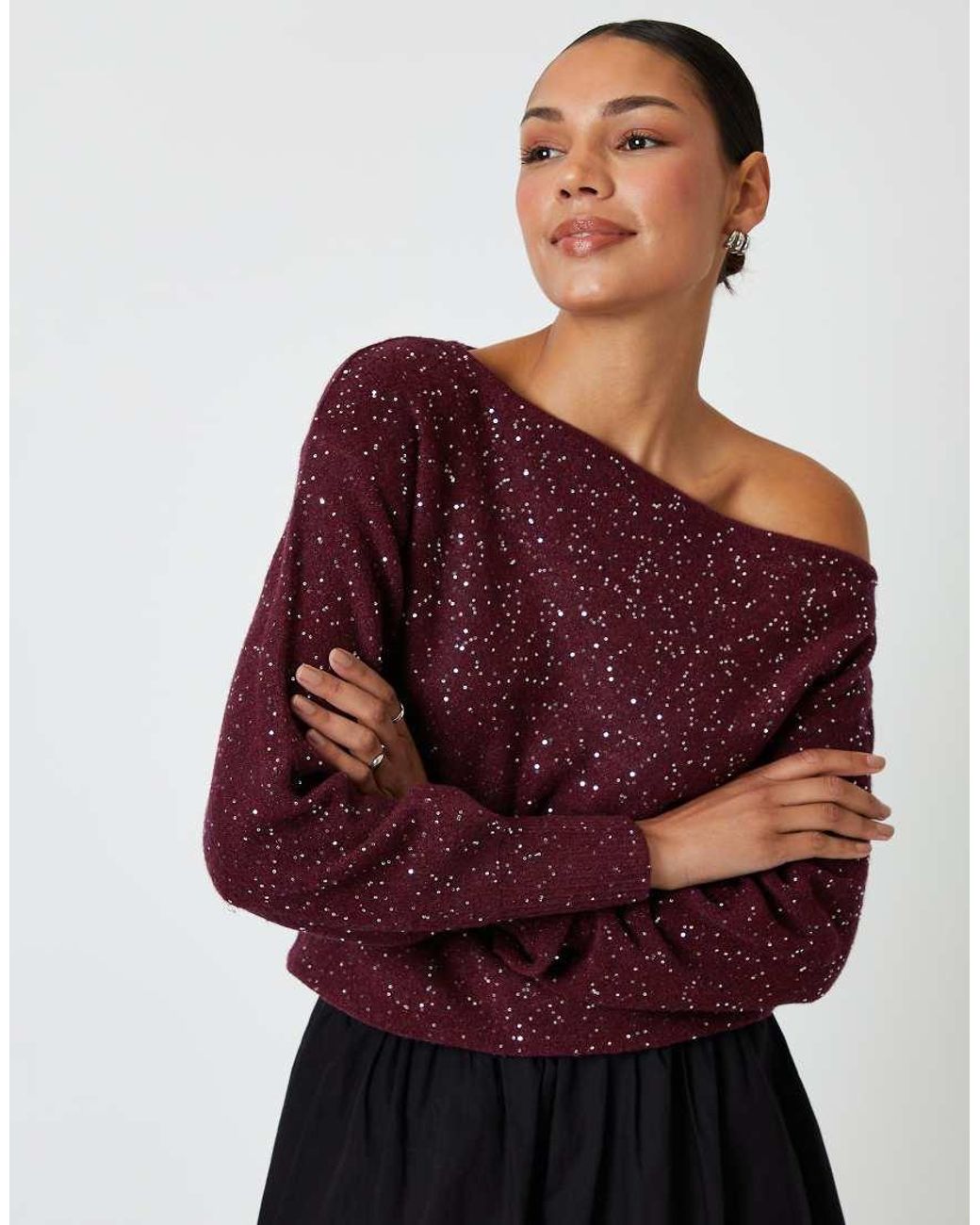 Threadbare Red Knitted Sequin Slash Neck Jumper
