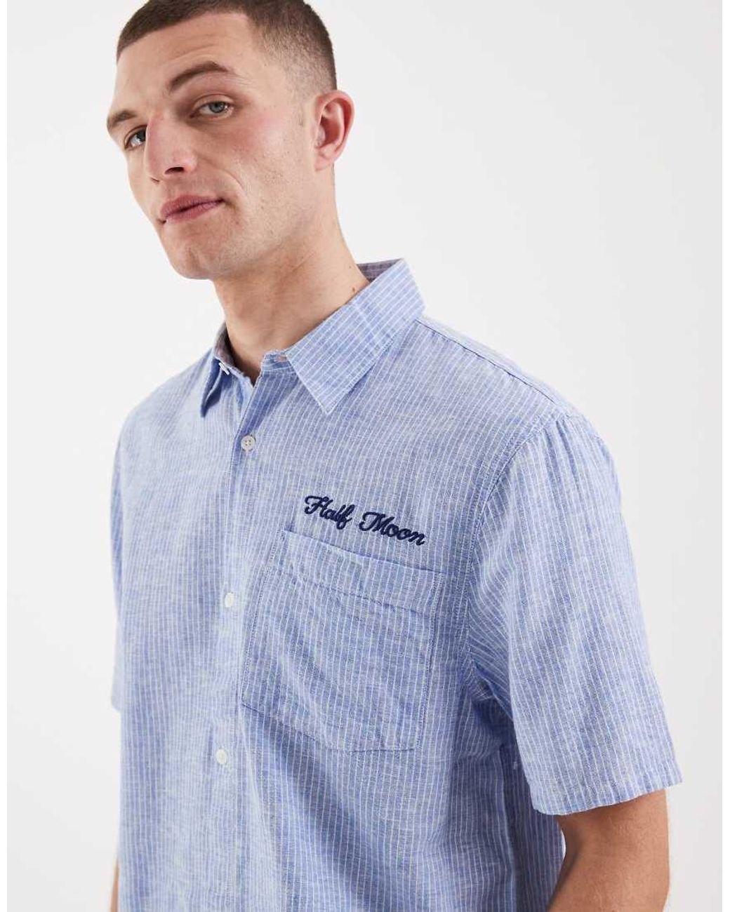 Hollister Blue Linen Blend Back Graphic Short Sleeve Shirt for men