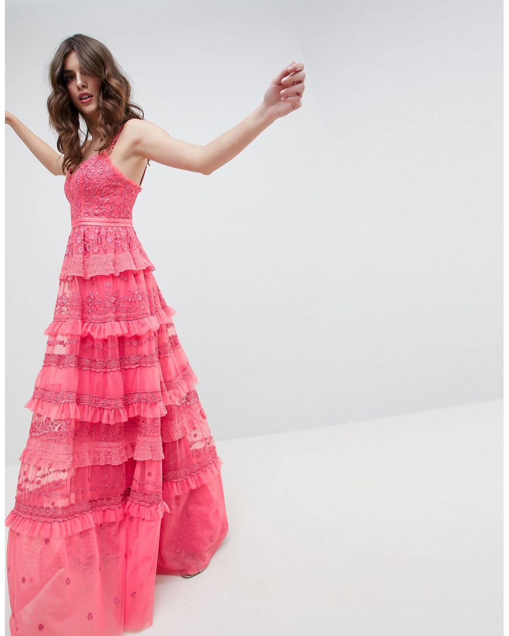 Metallic Lace-Inset Eyelet Maxi Dress - Pink/Gold