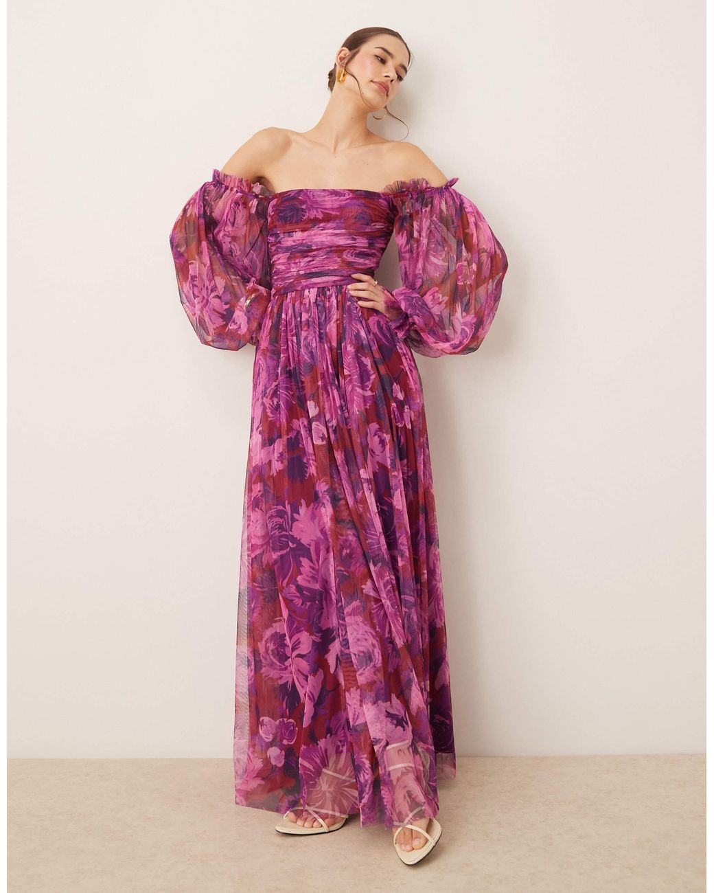 lace & beads layered tulle bardot maxi dress in lilac Lace & Beads - Tulle Maxi Dress - Women - Polyester - 0 US