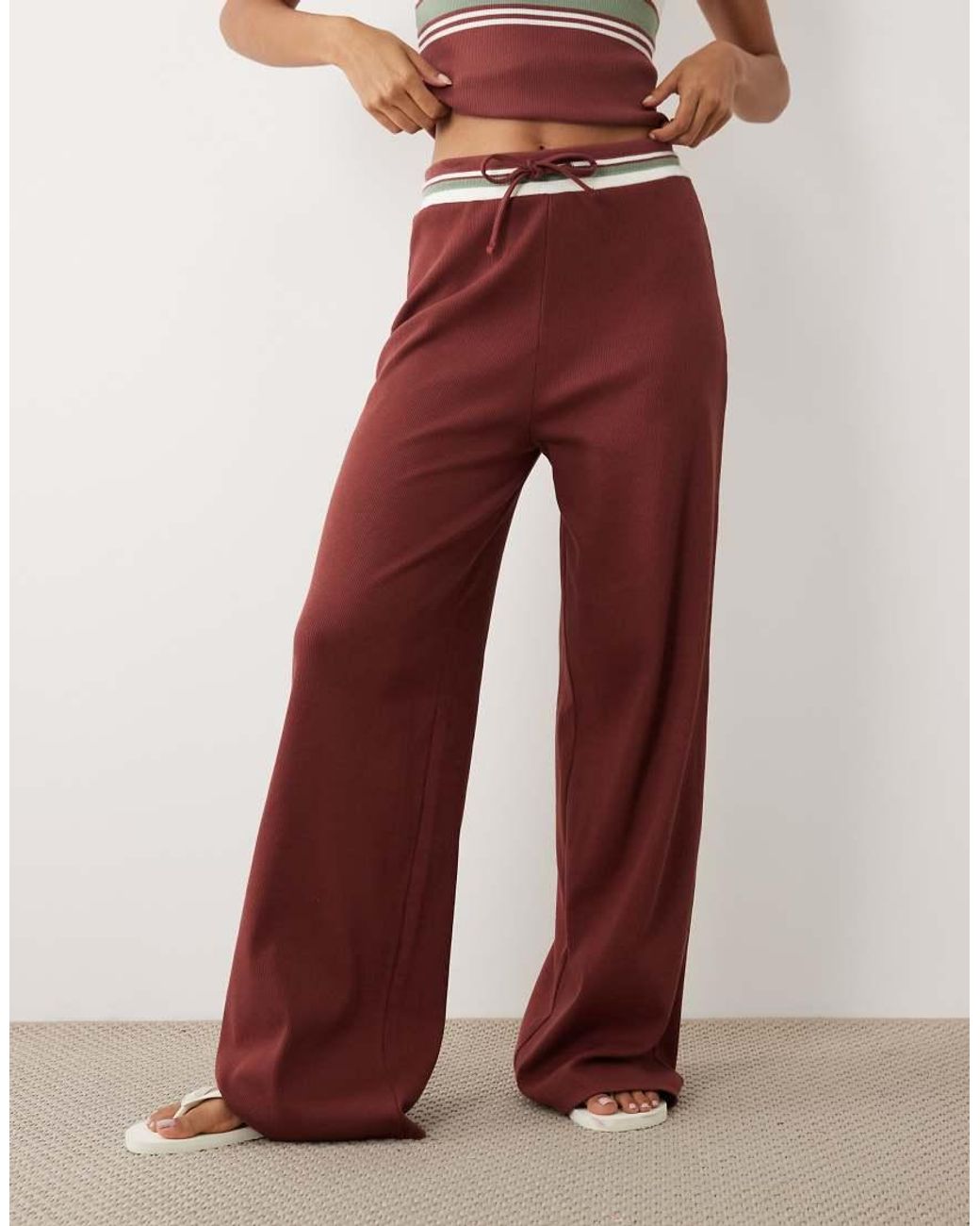 4th & Reckless Red Ribbed Stripe Wide Waistband Drawstring Waist Wide Leg Trousers Co-Ord