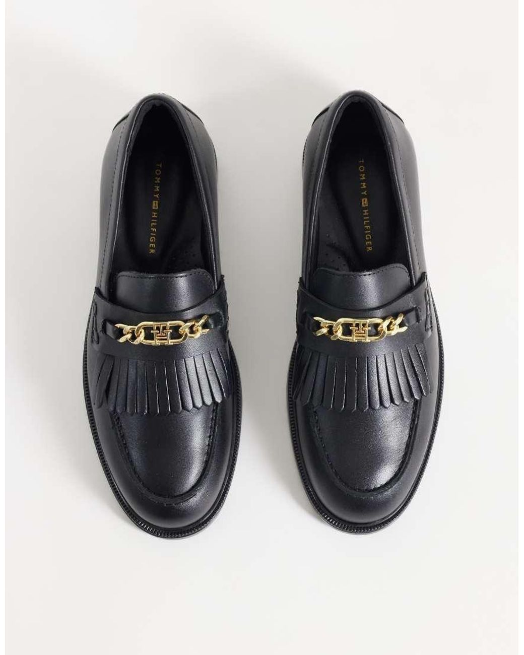 Tommy Hilfiger Black Rossie Leather Loafers With Chain Fringe
