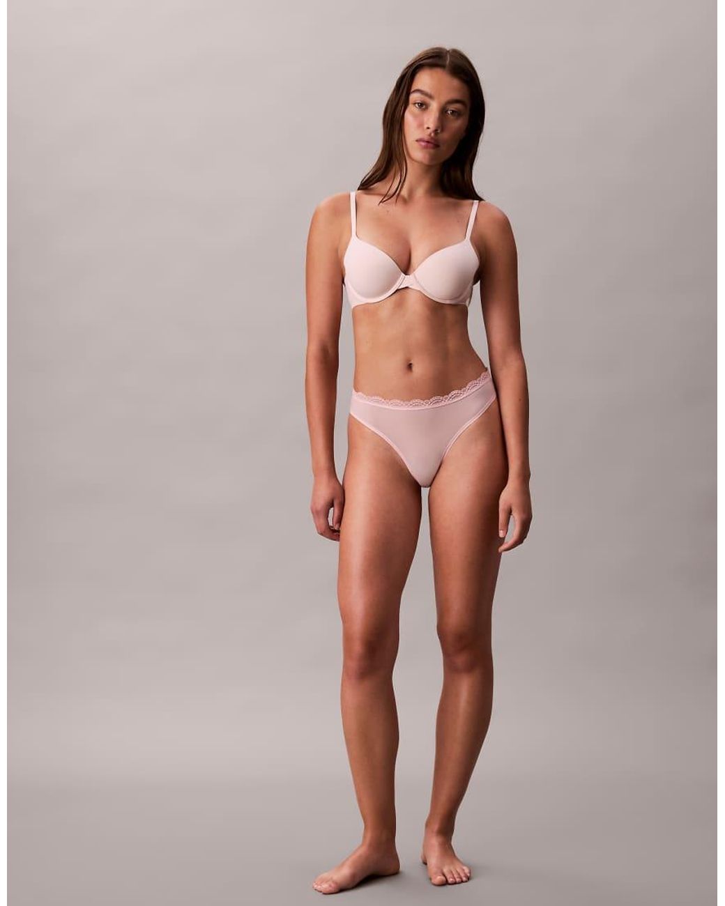Calvin Klein Brown Microfibre Stretch Thong With Lace Trim