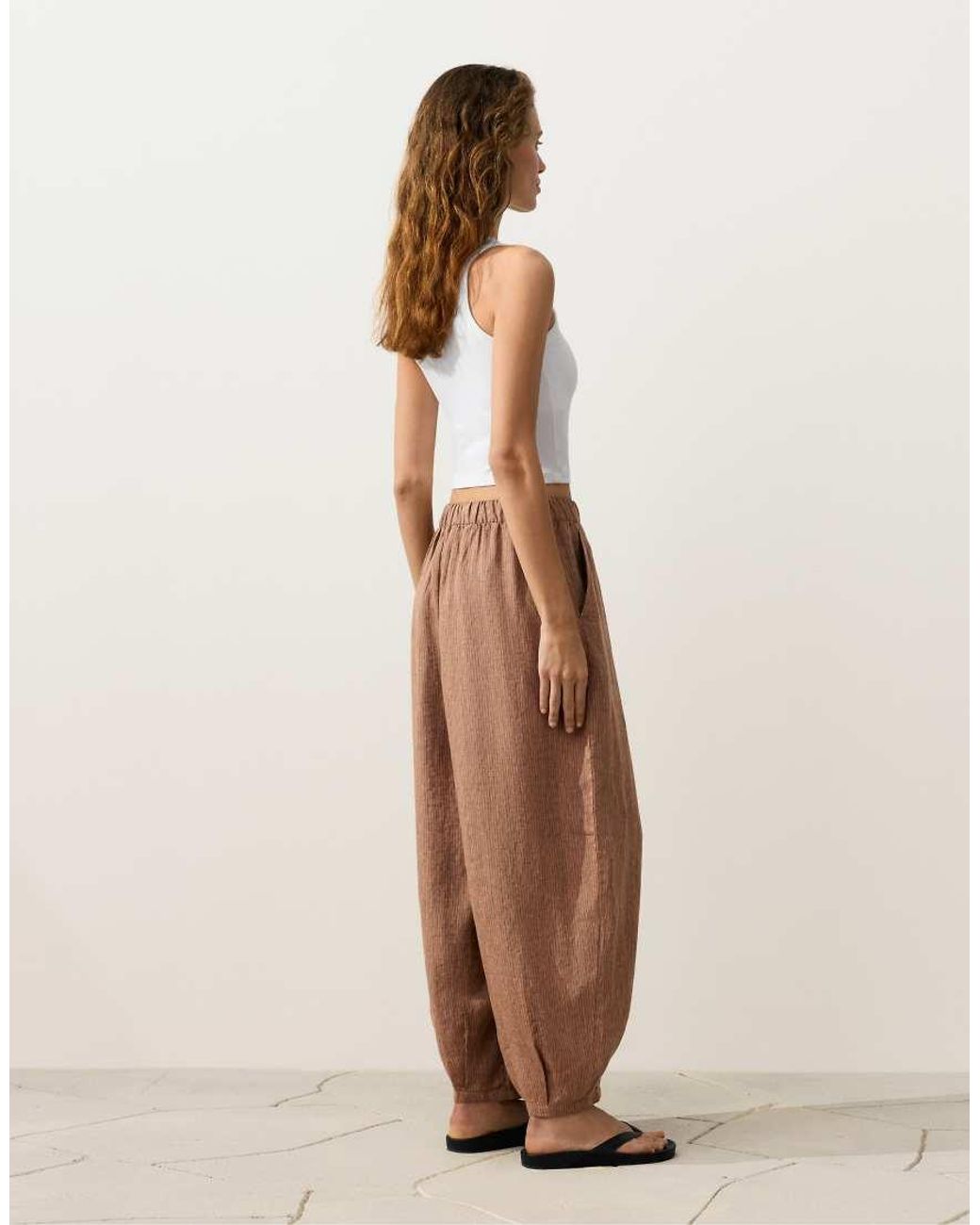 Oysho Natural 100% Linen Striped Balloon Trousers
