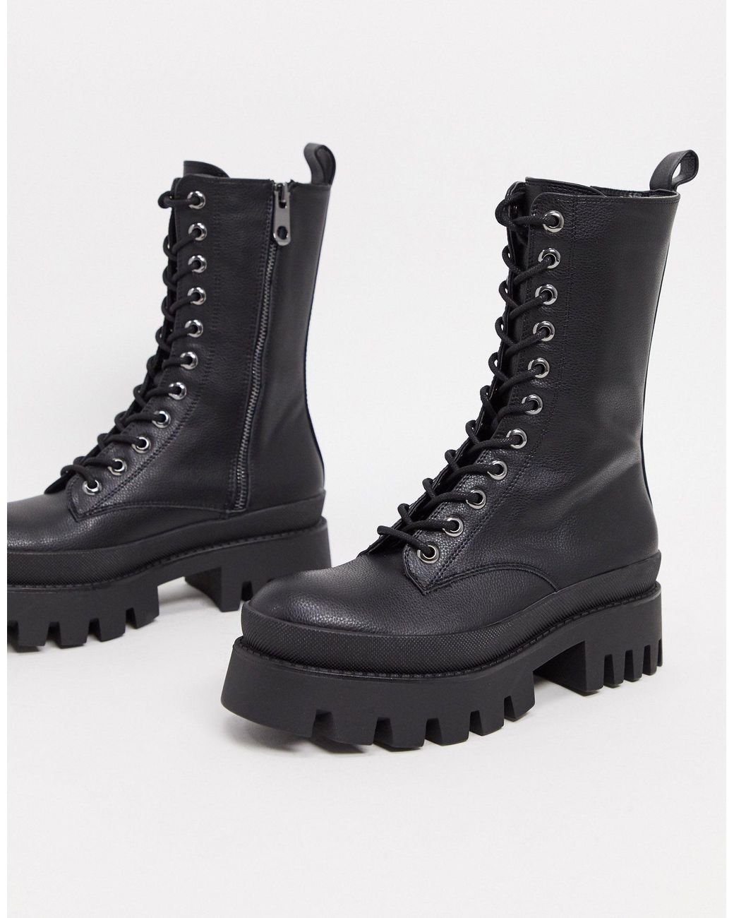 Bershka Lace Up Biker Boot With Sole Detail in Black | Lyst