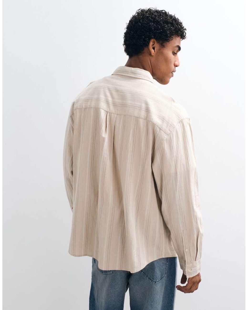 ASOS Natural Oversized Linen Look Stripe Shirt for men